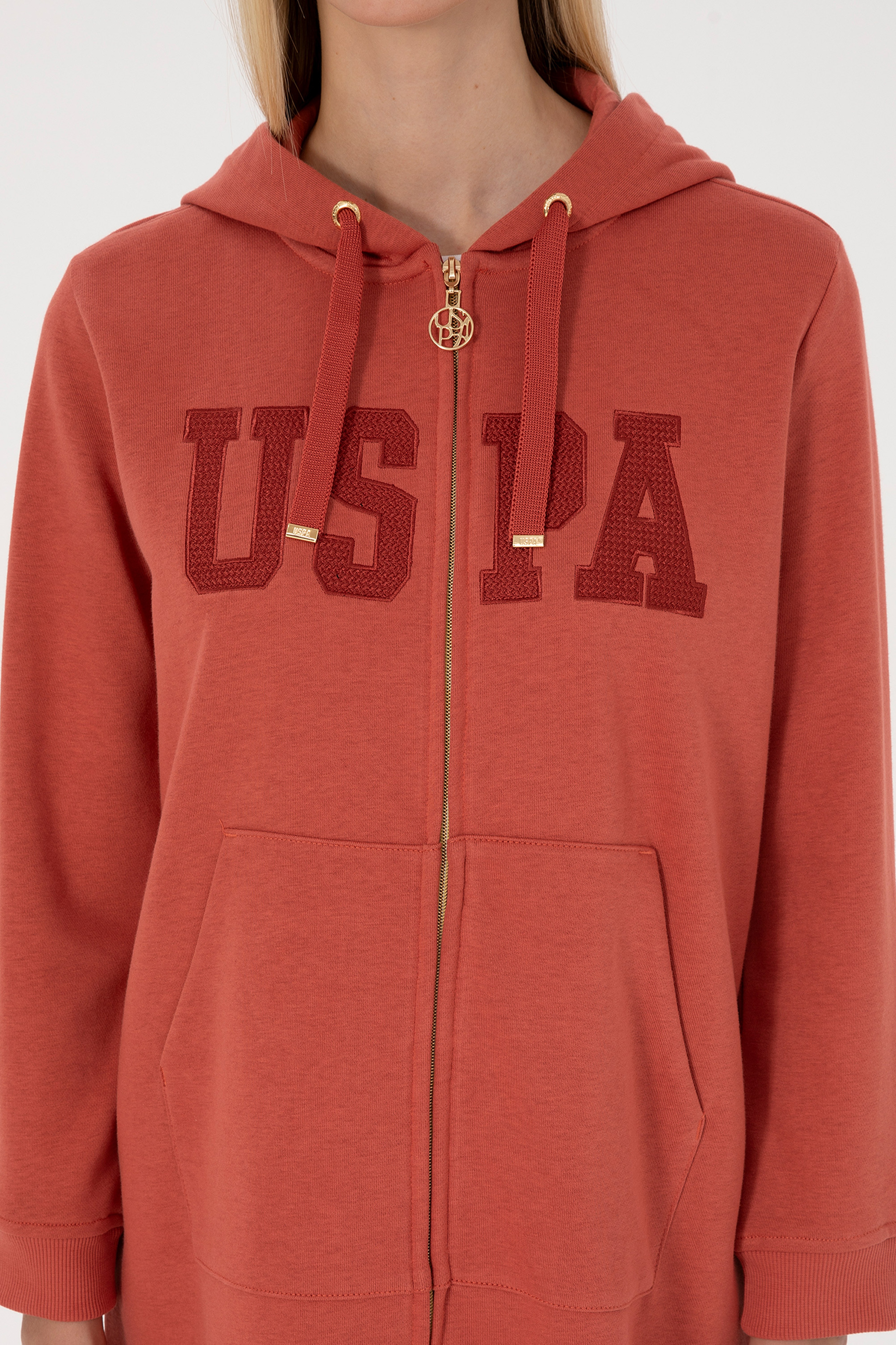 Kadın Kiremit Uzun Fermuarlı Kapüşonlu Basic Sweatshirt - Image 6