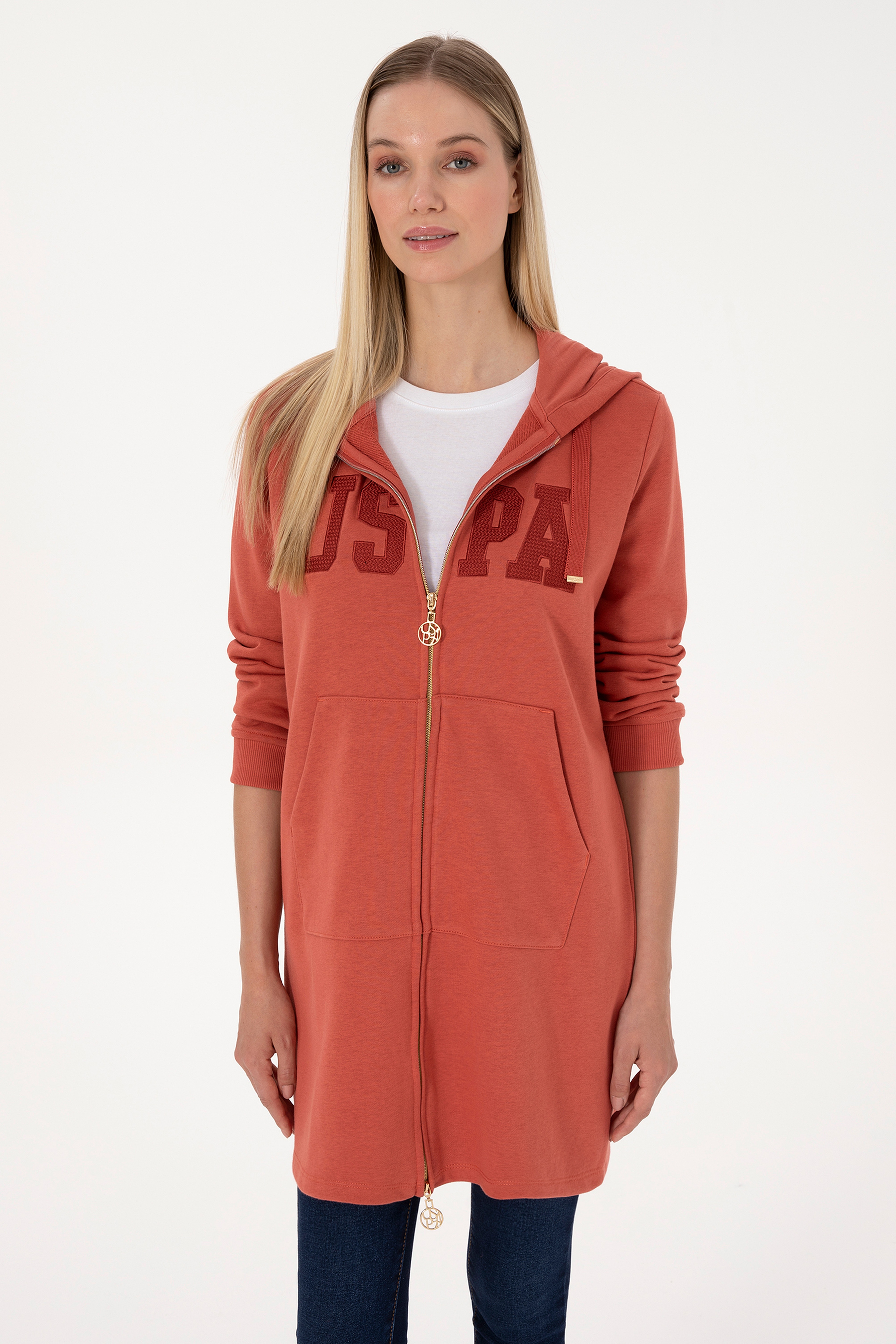 Kadın Kiremit Uzun Fermuarlı Kapüşonlu Basic Sweatshirt