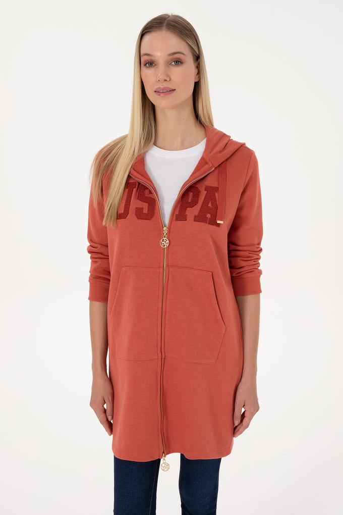 Kadın Kiremit Uzun Fermuarlı Kapüşonlu Basic Sweatshirt