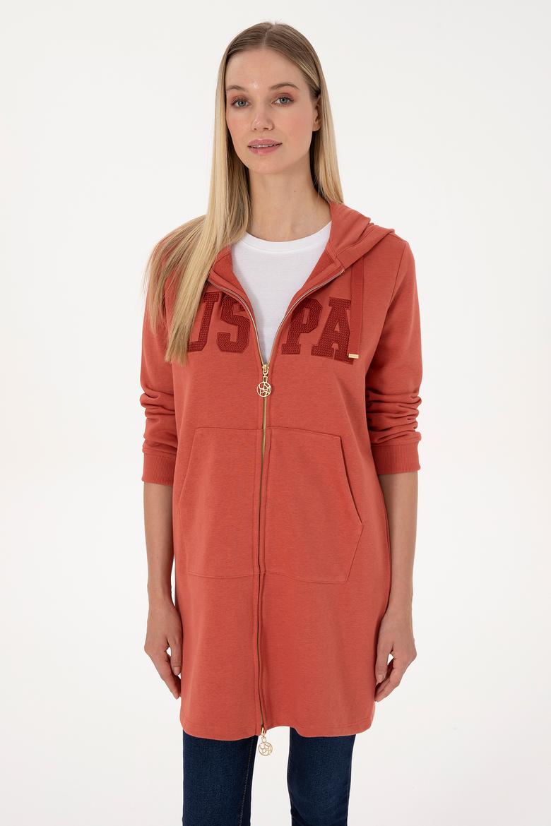 Kadın Kiremit Uzun Fermuarlı Kapüşonlu Basic Sweatshirt