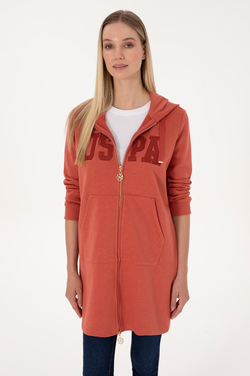 Kadın Kiremit Uzun Fermuarlı Kapüşonlu Basic Sweatshirt