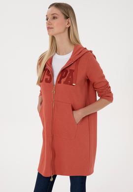 Kadın Kiremit Uzun Fermuarlı Kapüşonlu Basic Sweatshirt - 50307724052