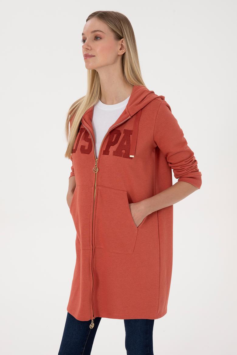 Kadın Kiremit Uzun Fermuarlı Kapüşonlu Basic Sweatshirt - 50307724052