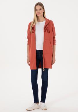 Kadın Kiremit Uzun Fermuarlı Kapüşonlu Basic Sweatshirt - 50307724052