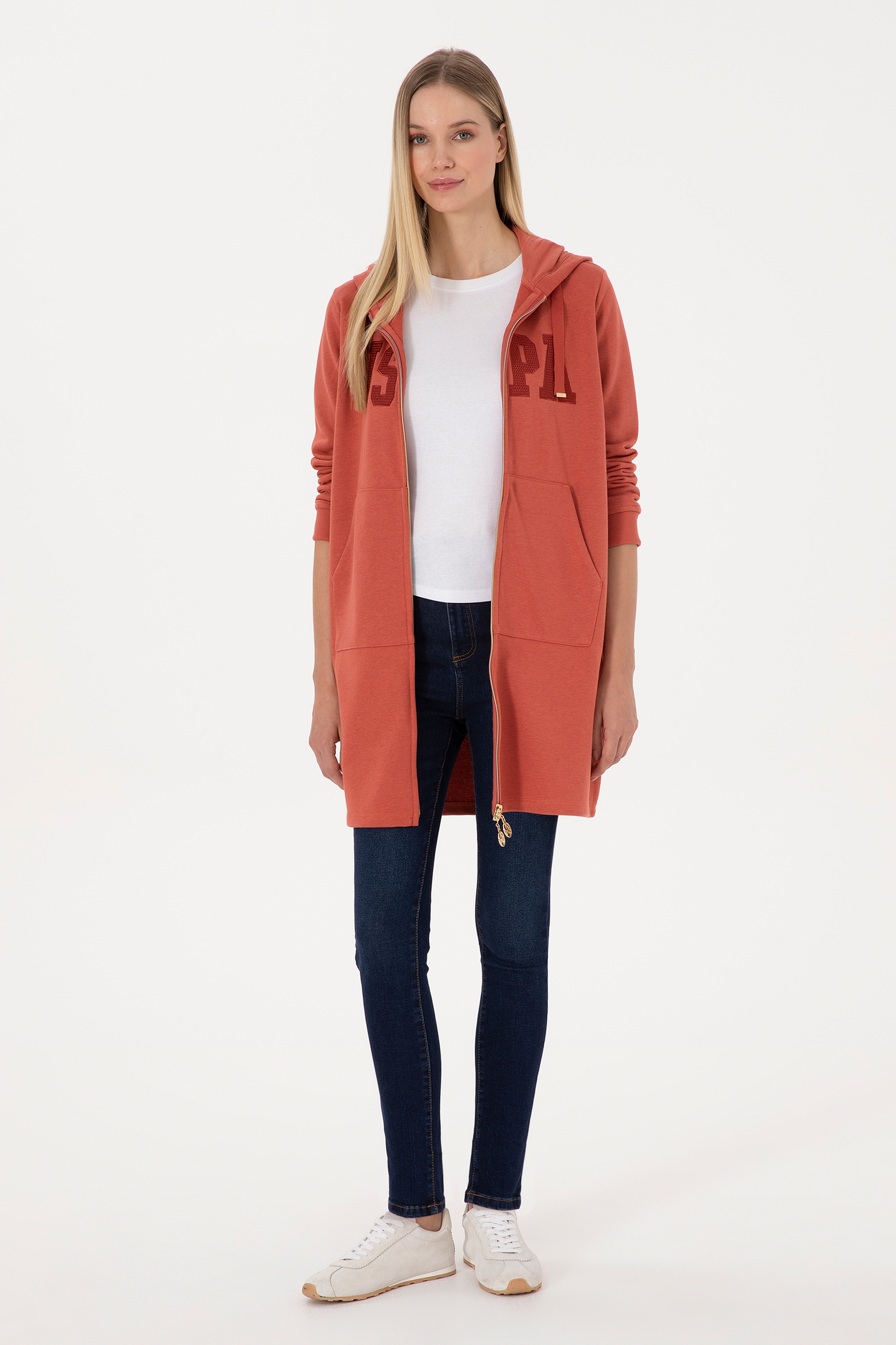 Kadın Kiremit Uzun Fermuarlı Kapüşonlu Basic Sweatshirt
