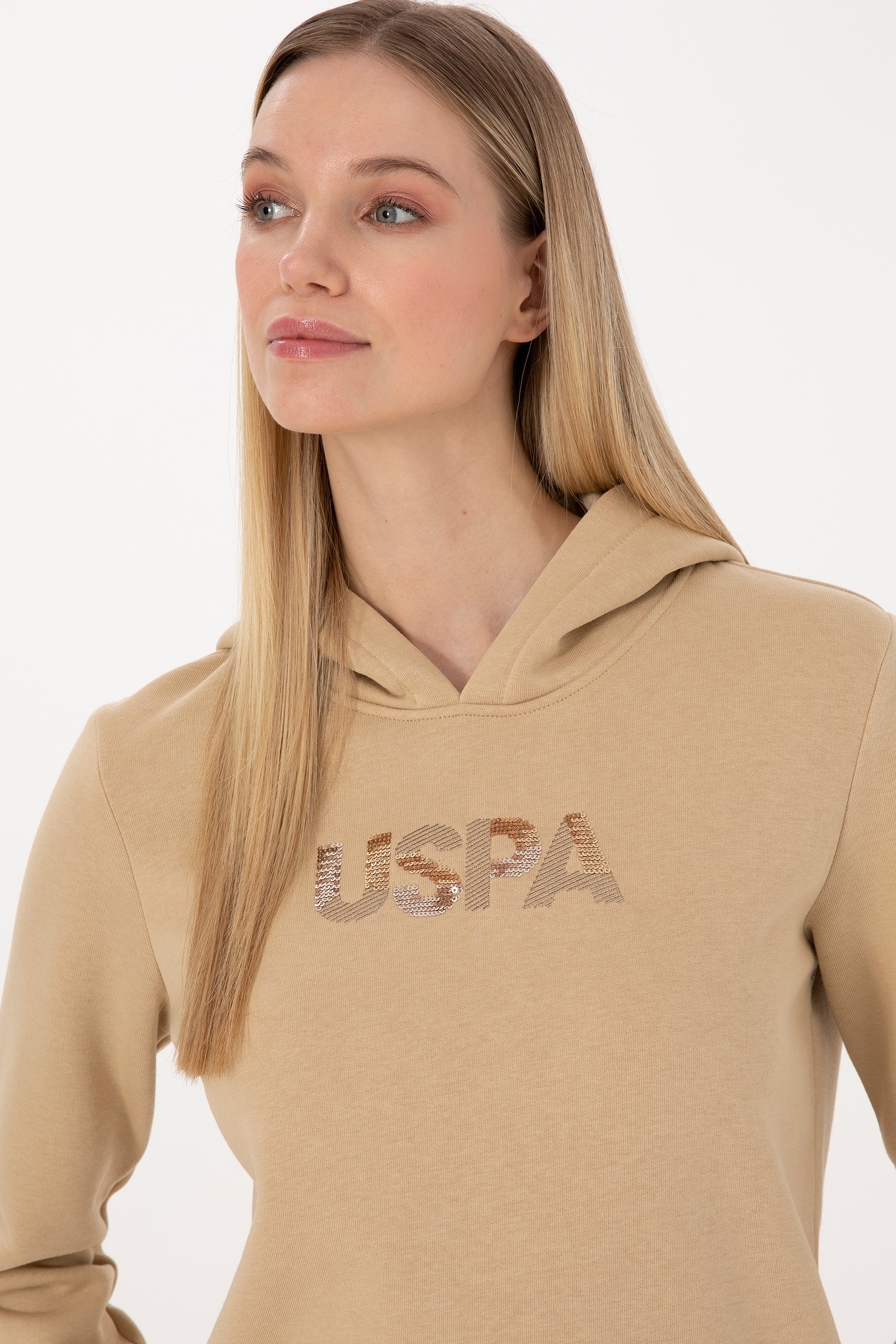 Kadın Kum Kapüşonlu Basic Sweatshirt - Image 2