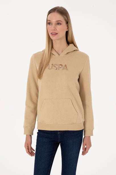 Kadın Kum Kapüşonlu Basic Sweatshirt