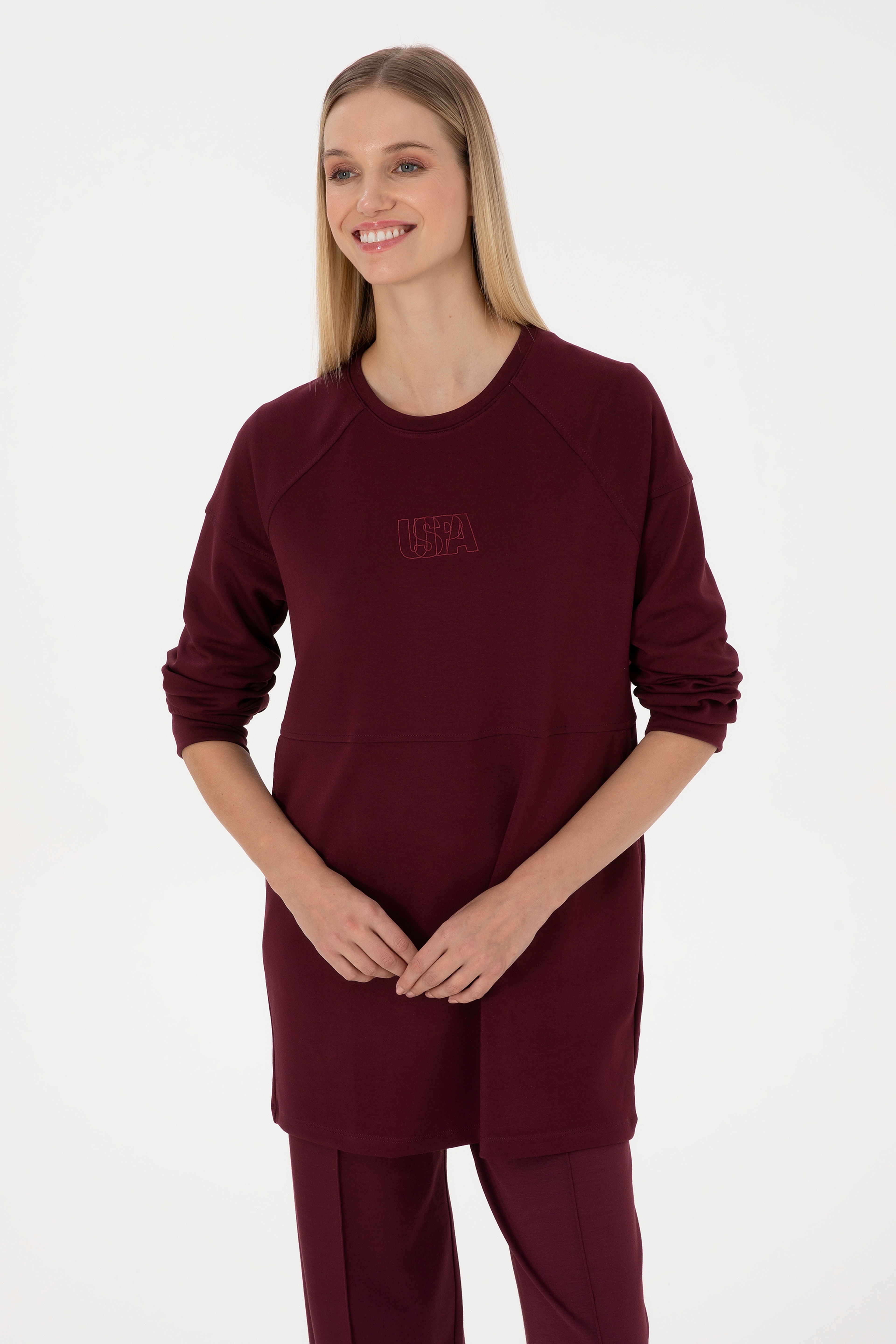 Kadın Bordo Uzun Bisiklet Yaka Sweatshirt - Image 1