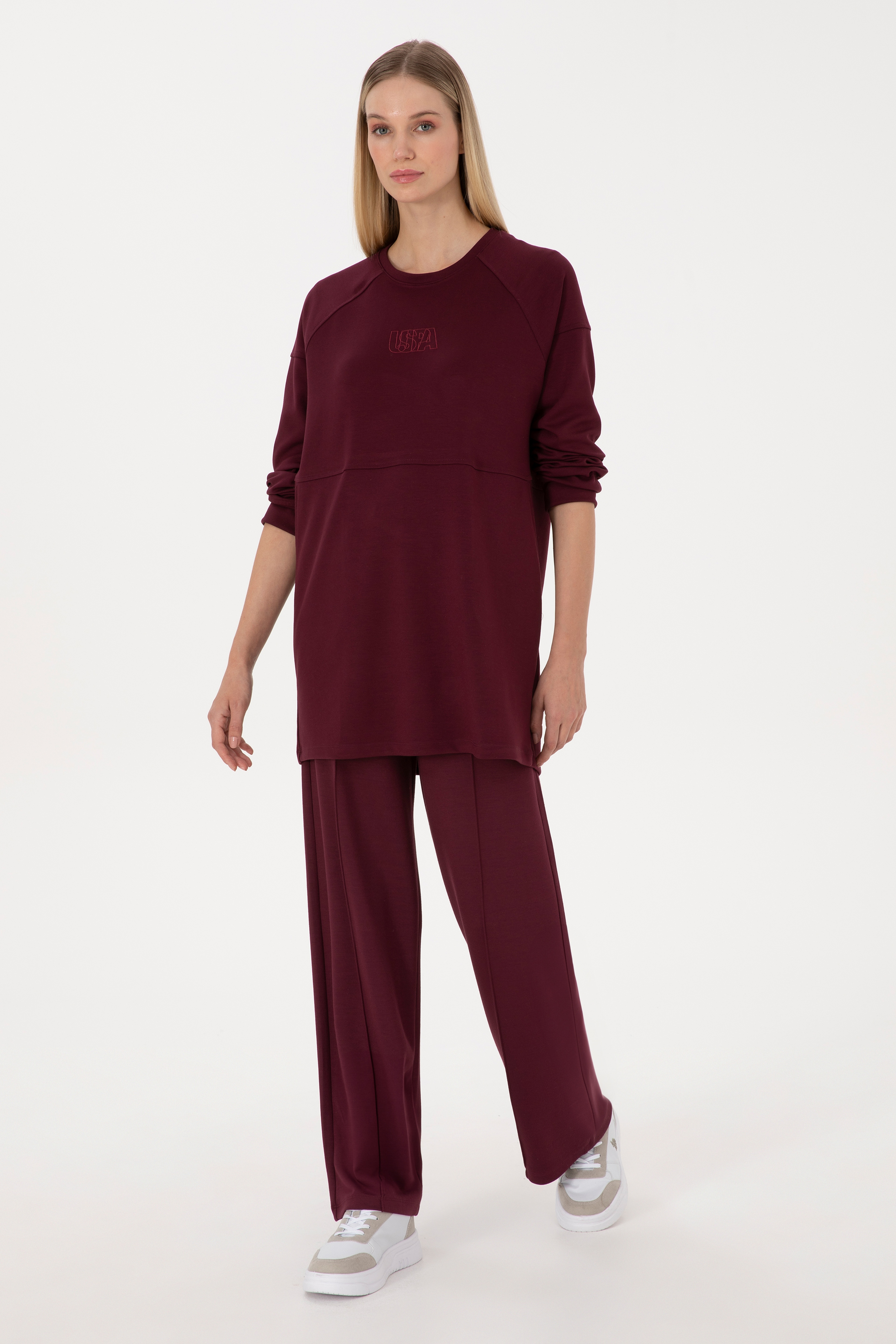 Kadın Bordo Uzun Bisiklet Yaka Sweatshirt