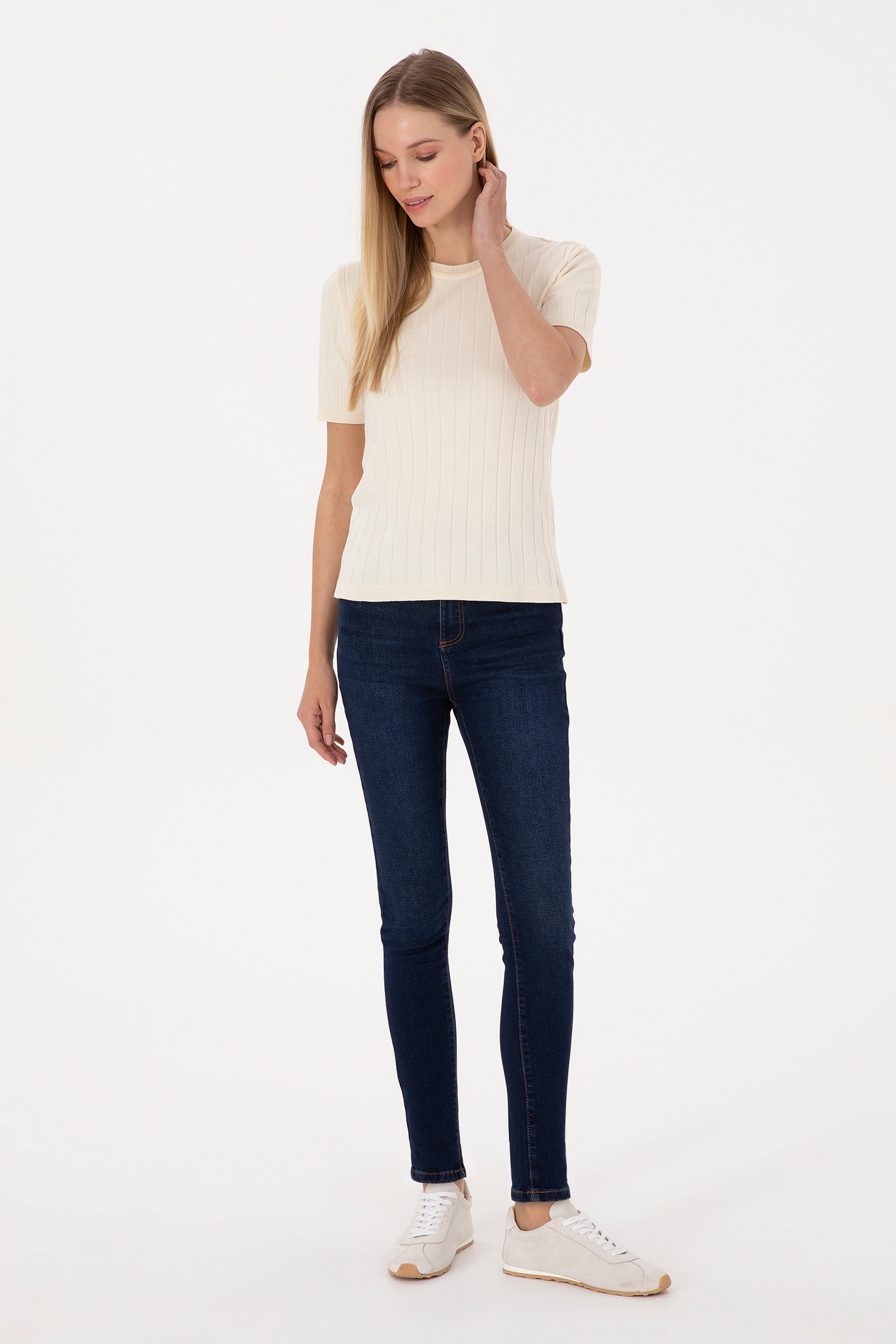 Kadın Koyu Mavi Skinny High Waist Fit Jean Pantolon - Image 3