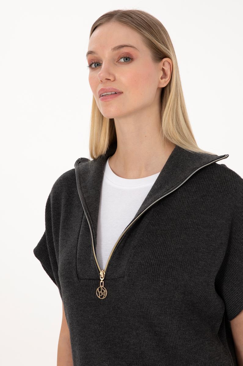 Kadın Antrasit Melanj V Yaka Fermuarlı Süveter