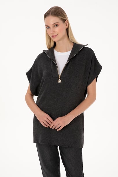Kadın Antrasit Melanj V Yaka Fermuarlı Süveter