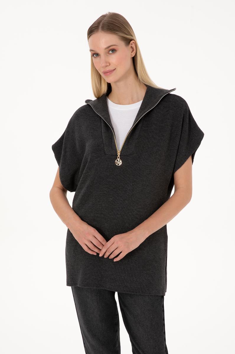 Kadın Antrasit Melanj V Yaka Fermuarlı Süveter