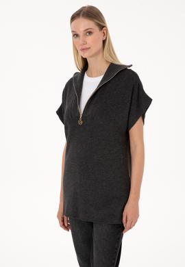 Kadın Antrasit Melanj V Yaka Fermuarlı Süveter - 50317570005