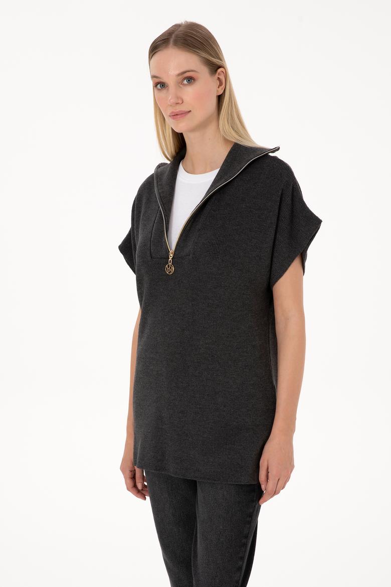 Kadın Antrasit Melanj V Yaka Fermuarlı Süveter - 50317570005
