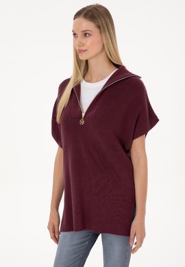 Kadın Bordo V Yaka Fermuarlı Süveter - 50317570011