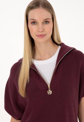 Kadın Bordo V Yaka Fermuarlı Süveter - 50317570011