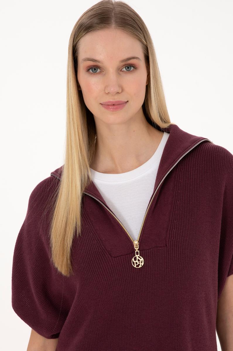 Kadın Bordo V Yaka Fermuarlı Süveter