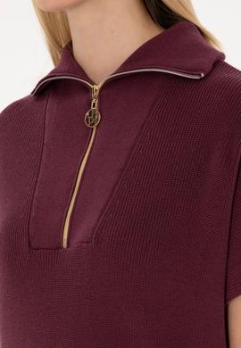 Kadın Bordo V Yaka Fermuarlı Süveter - 50317570011