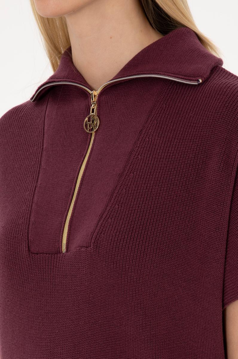 Kadın Bordo V Yaka Fermuarlı Süveter
