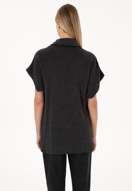 Kadın Antrasit Melanj V Yaka Fermuarlı Süveter - 50317570005