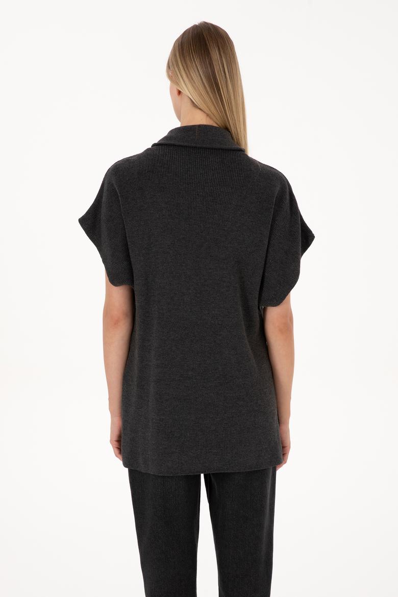 Kadın Antrasit Melanj V Yaka Fermuarlı Süveter - 50317570005