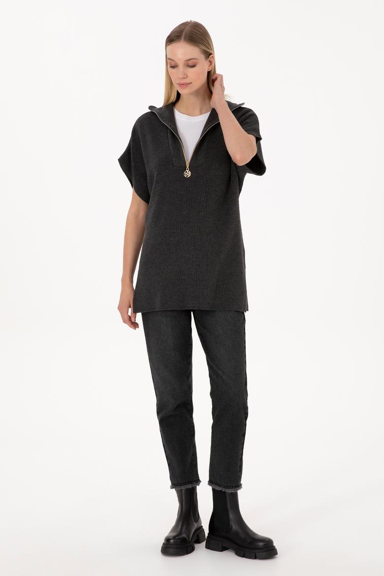 Kadın Antrasit Melanj V Yaka Fermuarlı Süveter - 50317570005