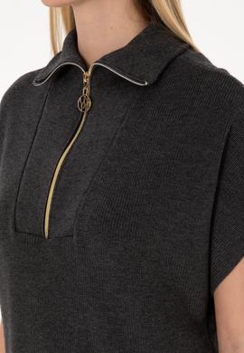 Kadın Antrasit Melanj V Yaka Fermuarlı Süveter - 50317570005