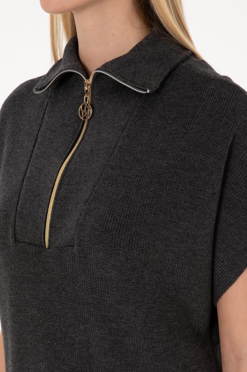 Kadın Antrasit Melanj V Yaka Fermuarlı Süveter