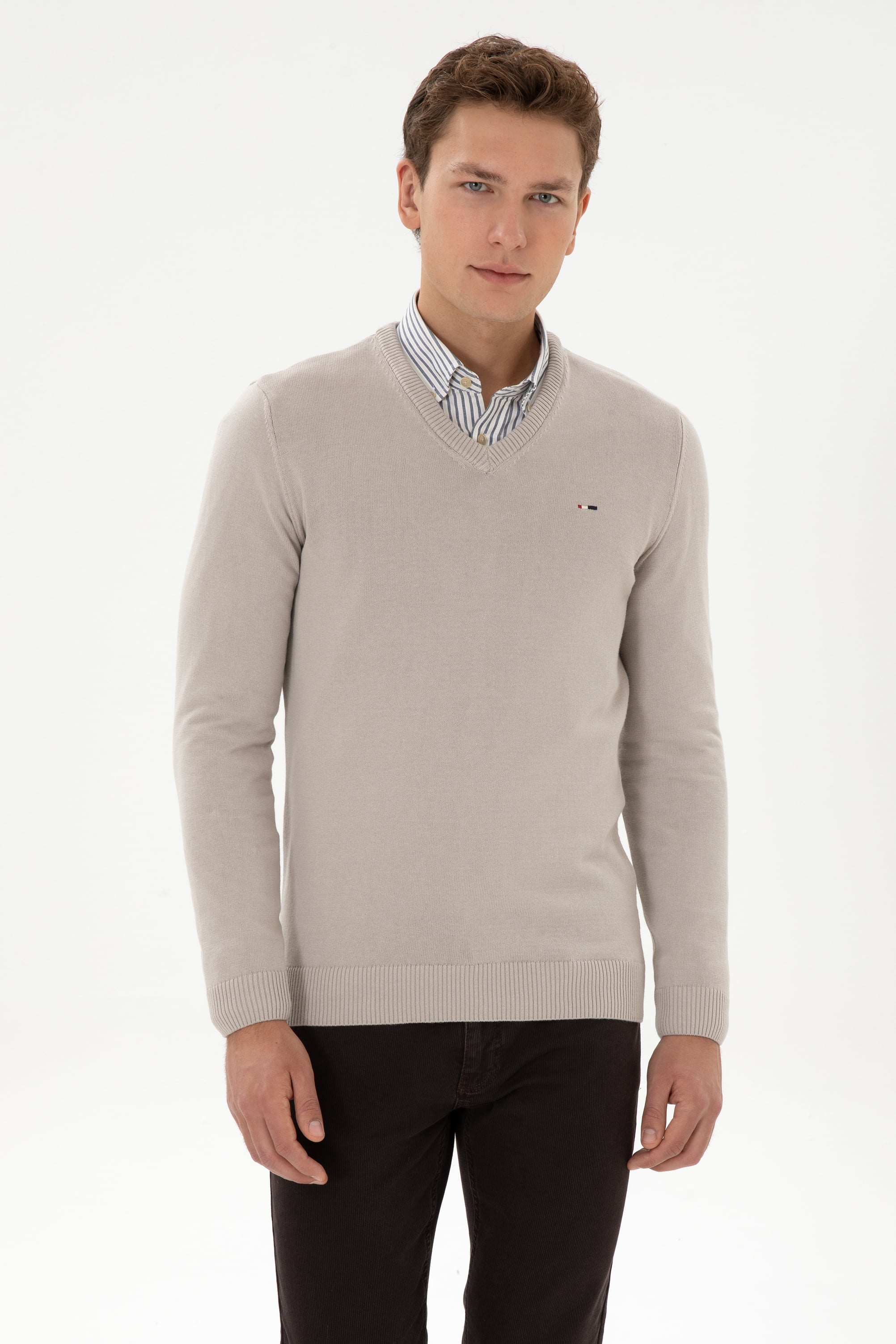 Erkek Slim Fit V Yaka Taş Basic Kazak