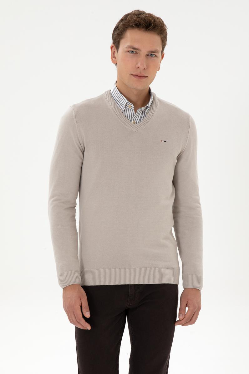 Erkek Slim Fit V Yaka Taş Basic Kazak