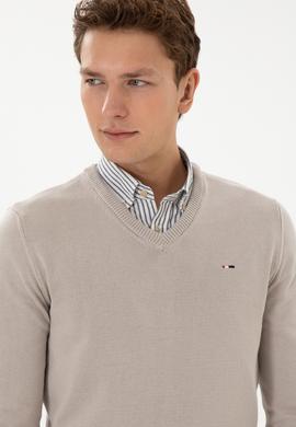 Erkek Slim Fit V Yaka Taş Basic Kazak - 50313668043