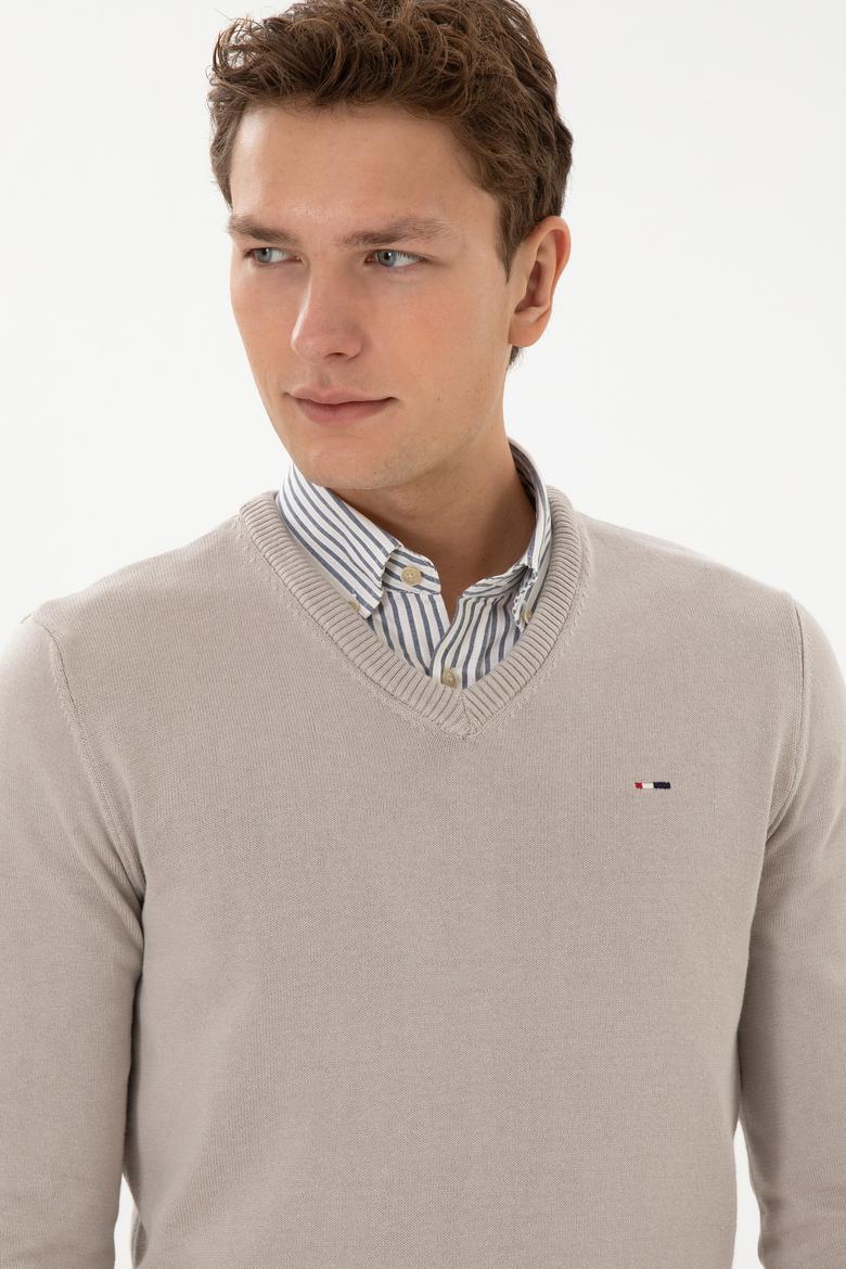 Erkek Slim Fit V Yaka Taş Basic Kazak - 50313668043