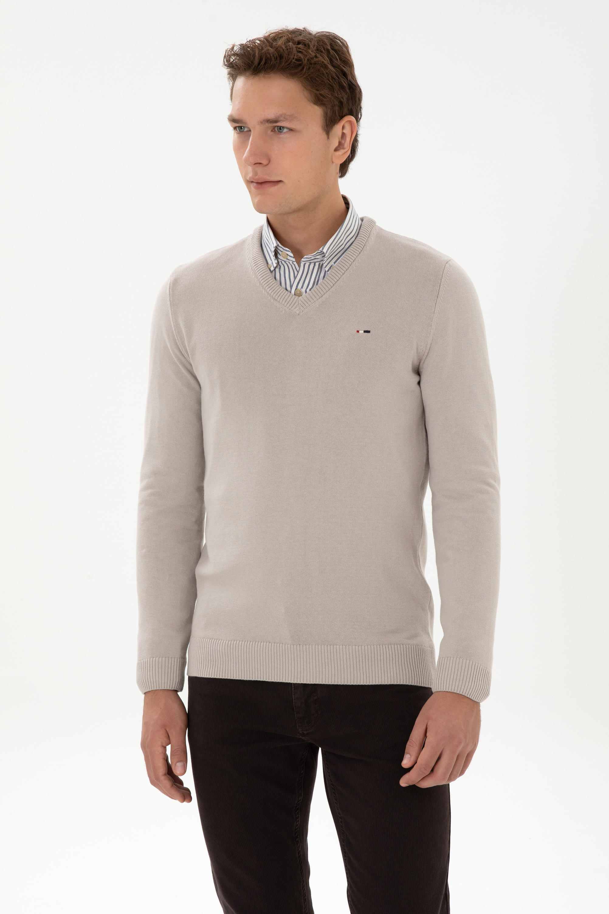 Erkek Slim Fit V Yaka Taş Basic Kazak