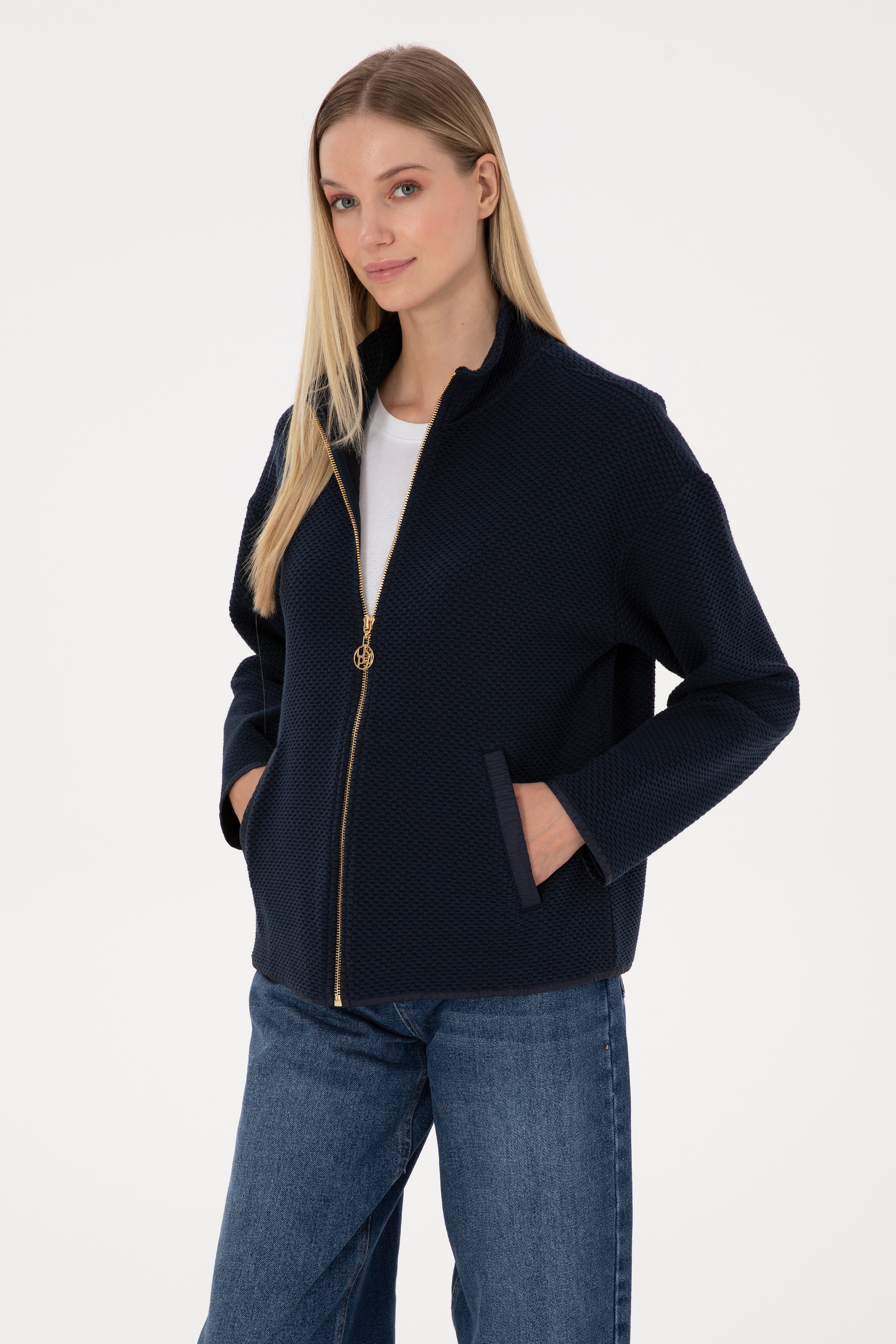 Kadın Lacivert Fermuarlı Dik Yaka Sweatshirt - Image 1