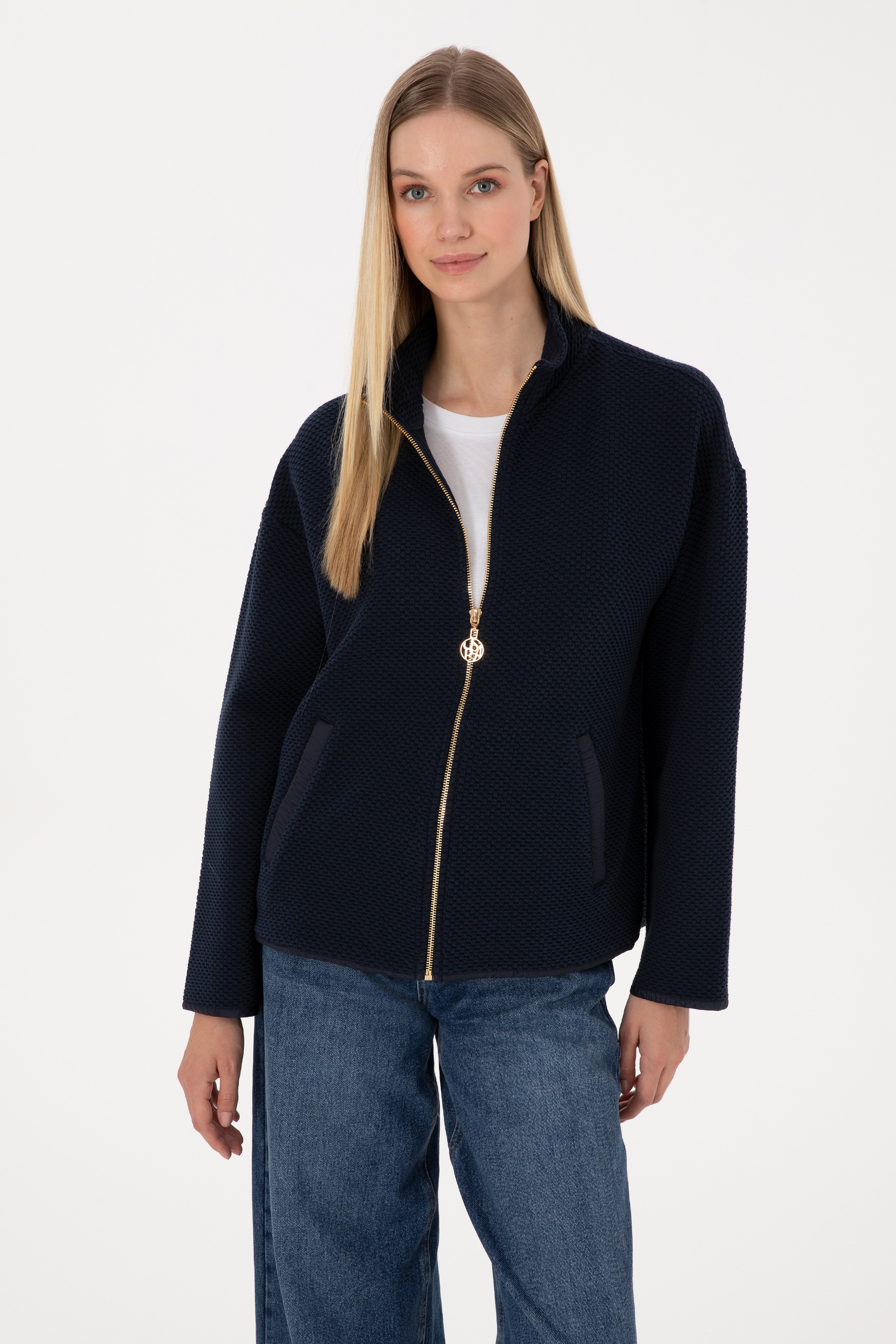 Kadın Lacivert Fermuarlı Dik Yaka Sweatshirt