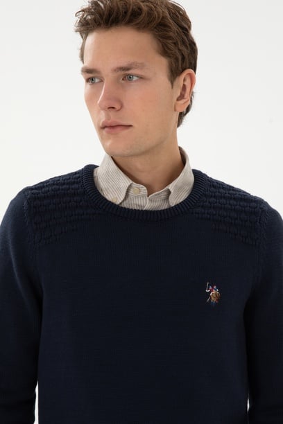Erkek Slim Fit Bisiklet Yaka Lacivert Kazak