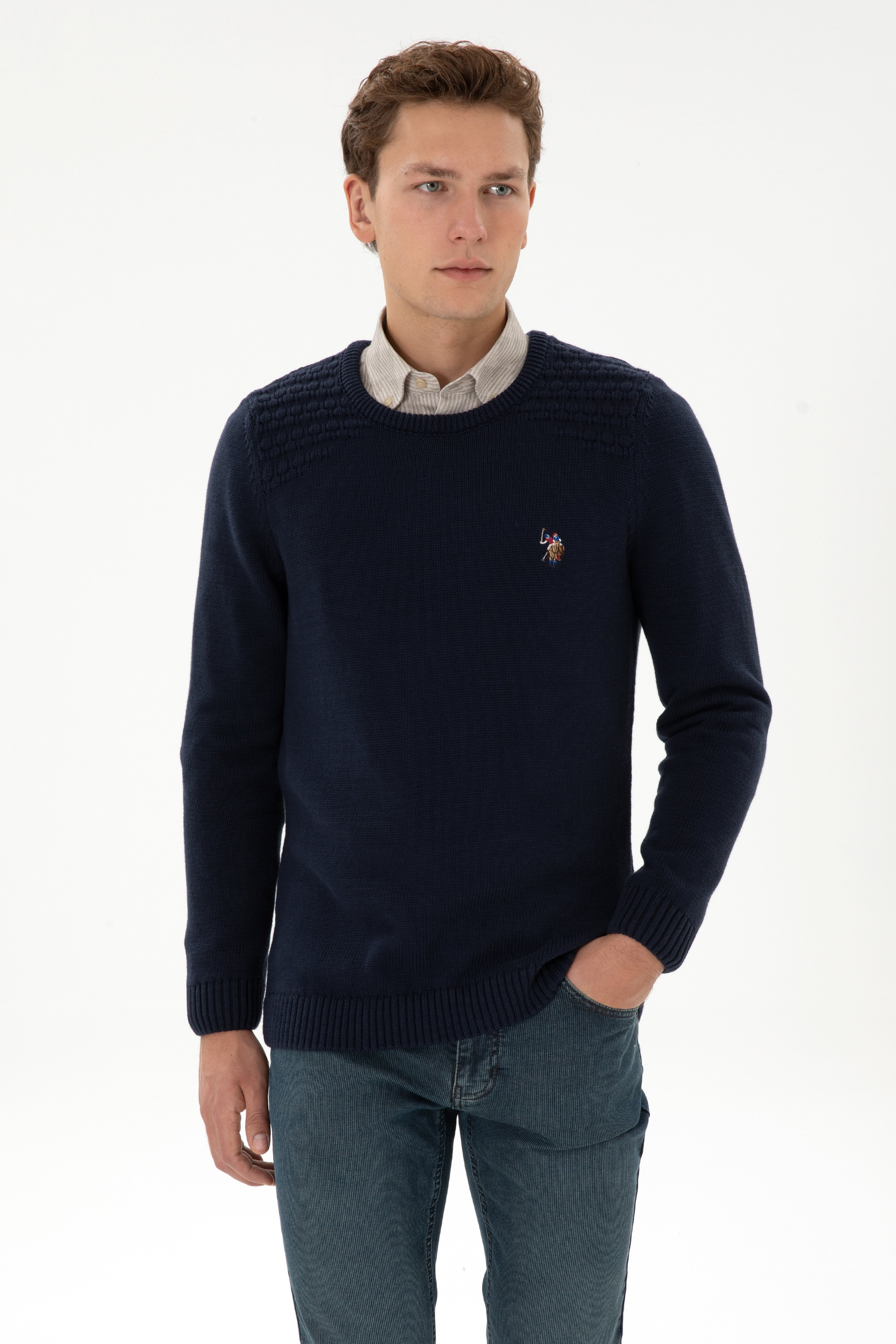 Erkek Slim Fit Bisiklet Yaka Lacivert Kazak - Image 1