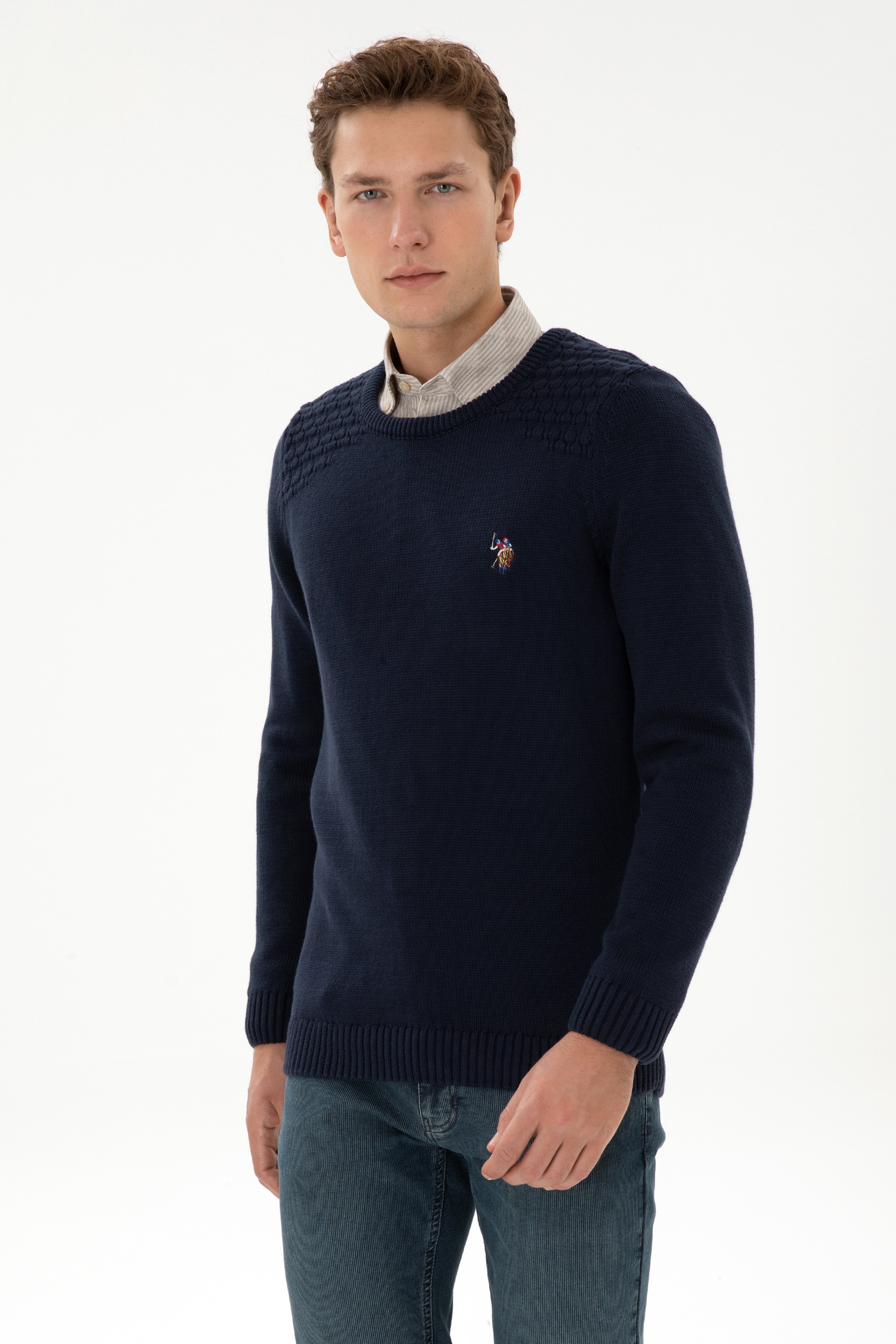 Erkek Slim Fit Bisiklet Yaka Lacivert Kazak