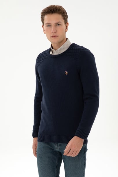 Erkek Slim Fit Bisiklet Yaka Lacivert Kazak