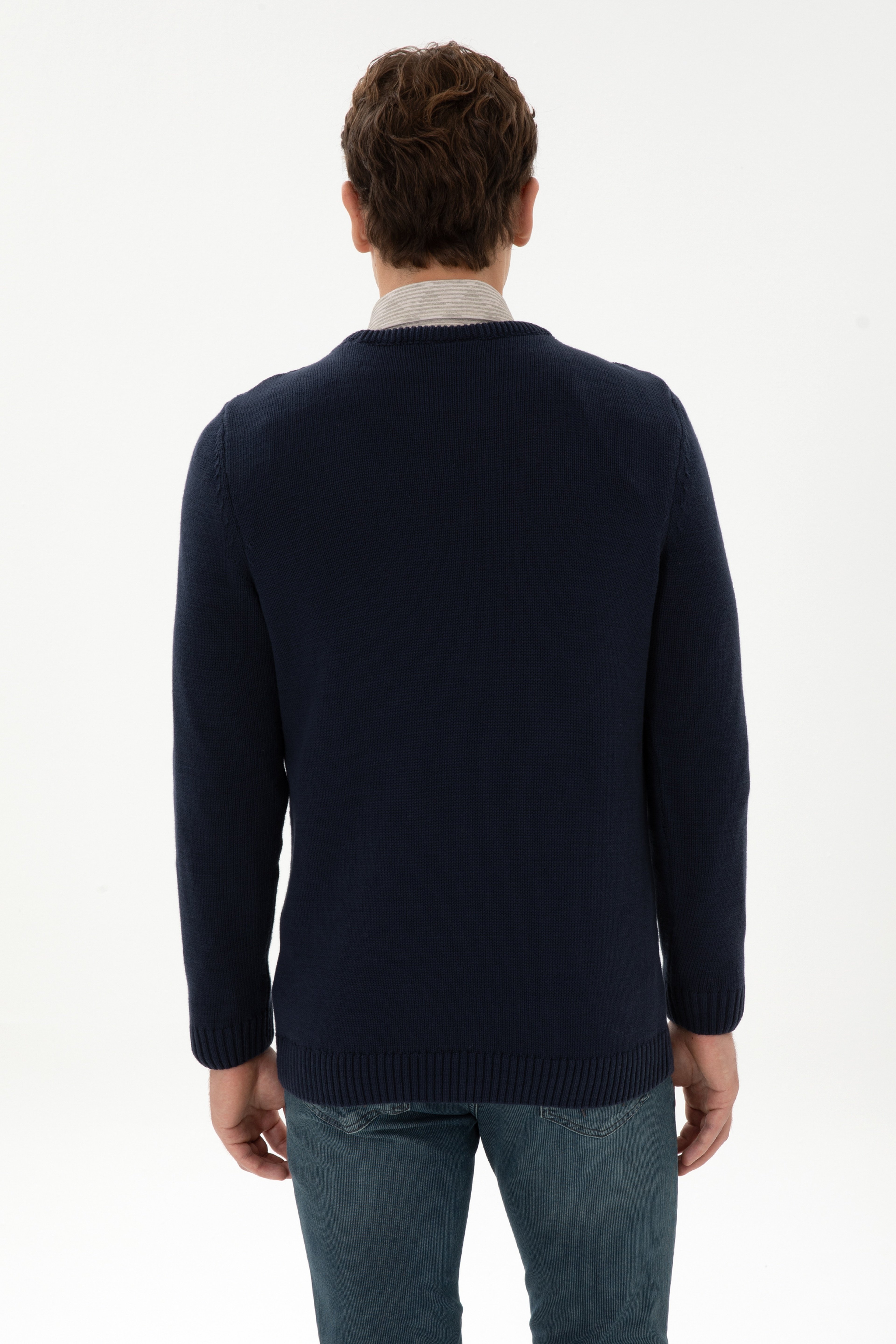 Erkek Slim Fit Bisiklet Yaka Lacivert Kazak