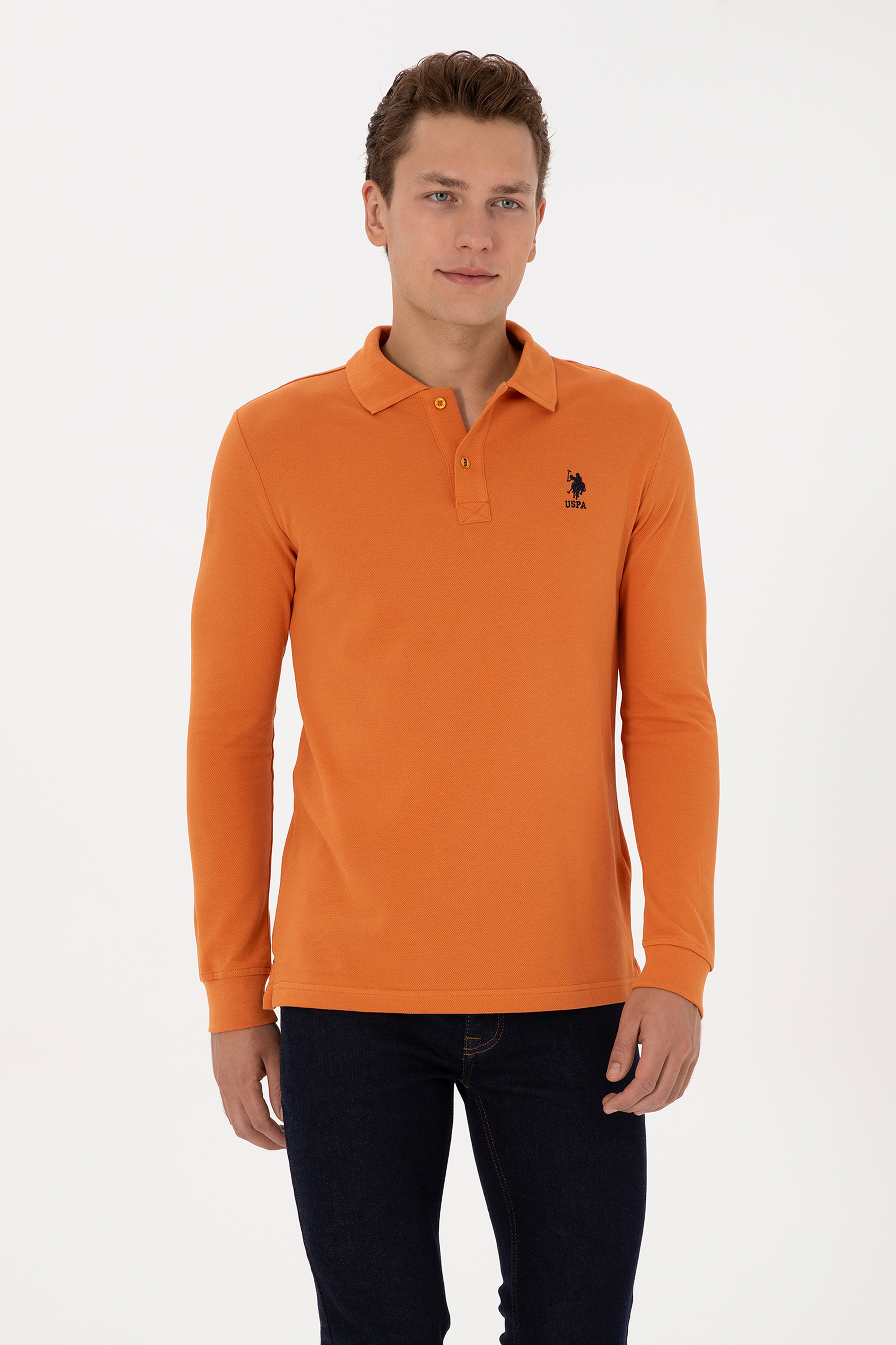 Erkek Slim Fit Polo Yaka Bakır Basic Sweatshirt