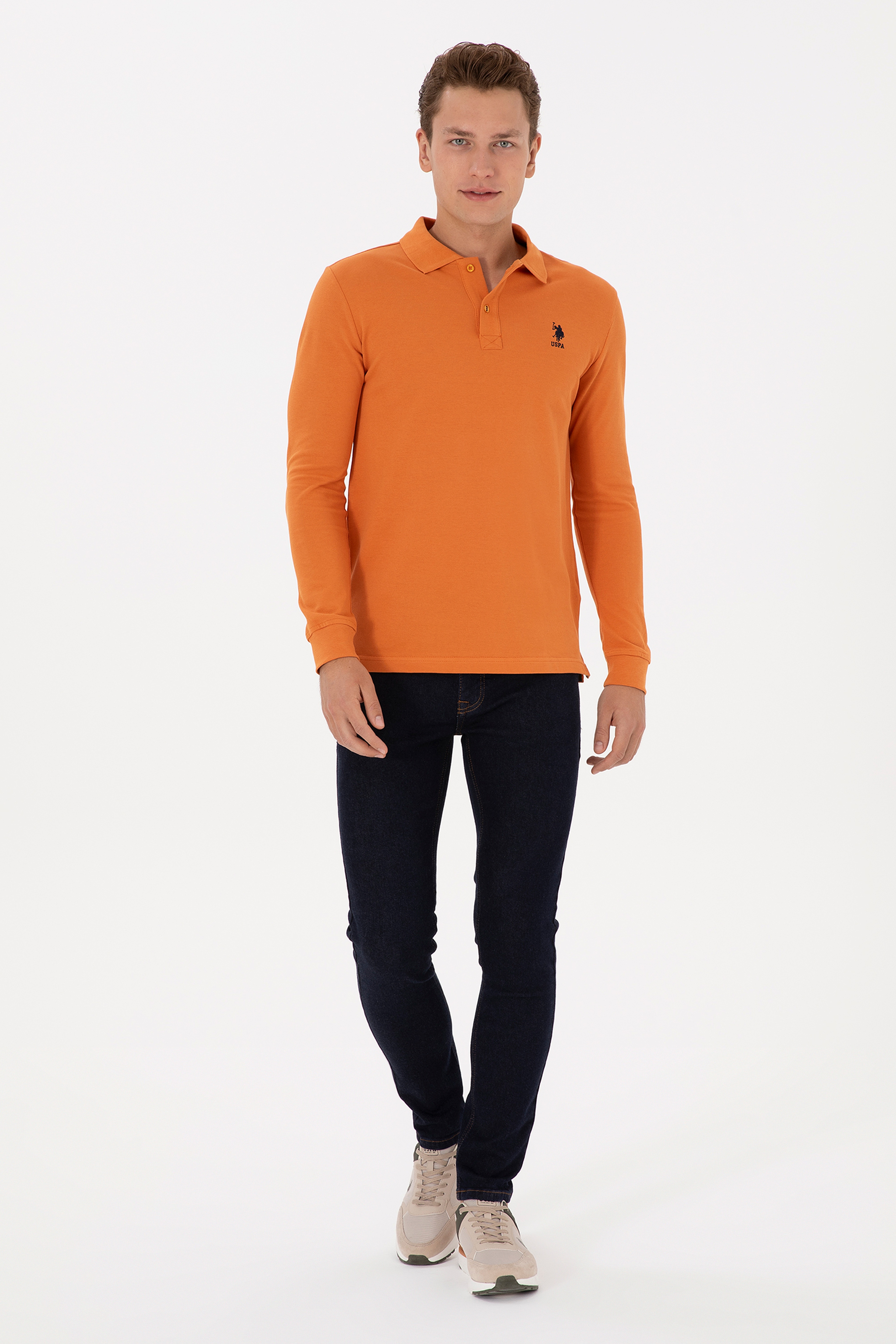 Erkek Slim Fit Polo Yaka Bakır Basic Sweatshirt