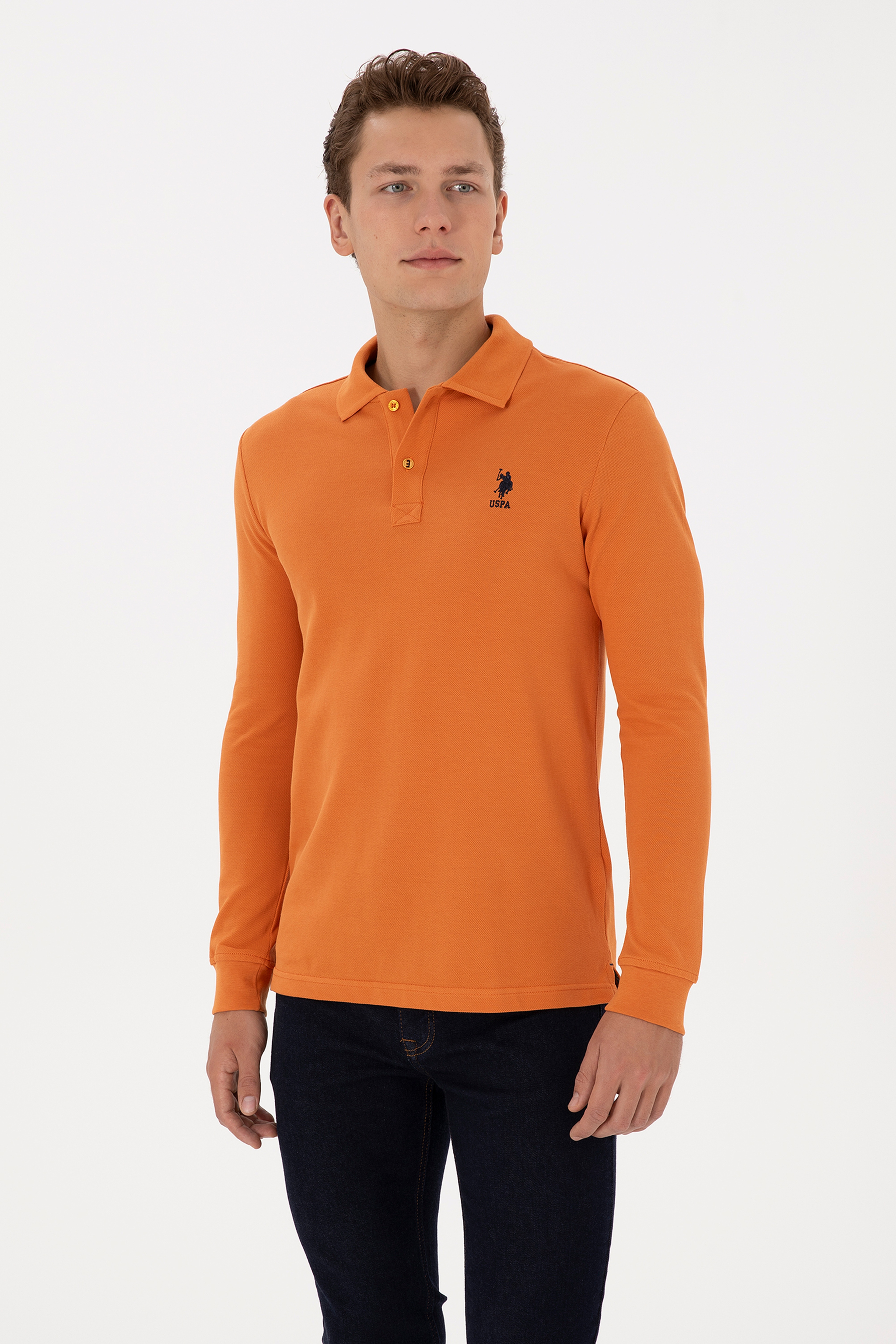 Erkek Slim Fit Polo Yaka Bakır Basic Sweatshirt - Image 3