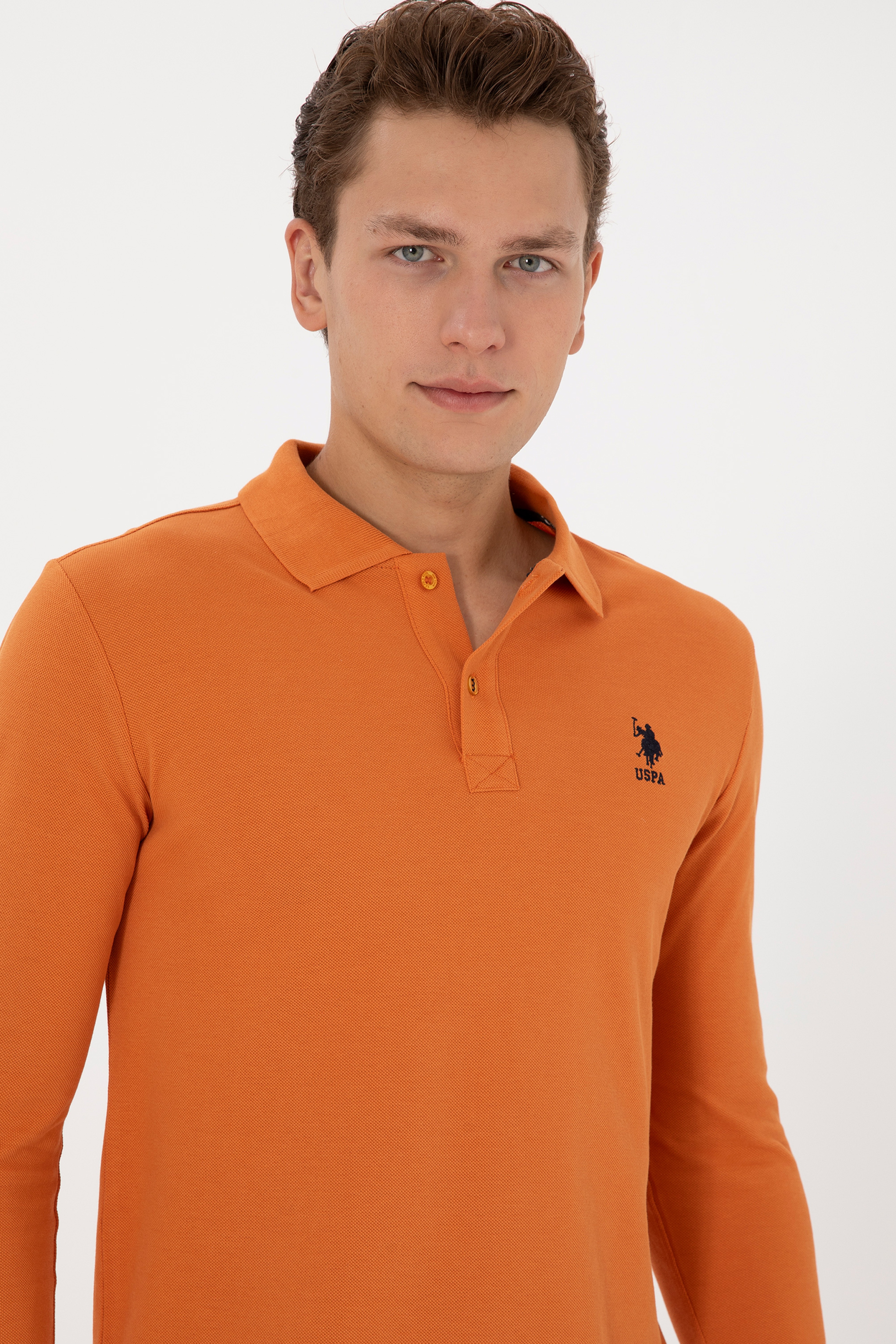 Erkek Slim Fit Polo Yaka Bakır Basic Sweatshirt