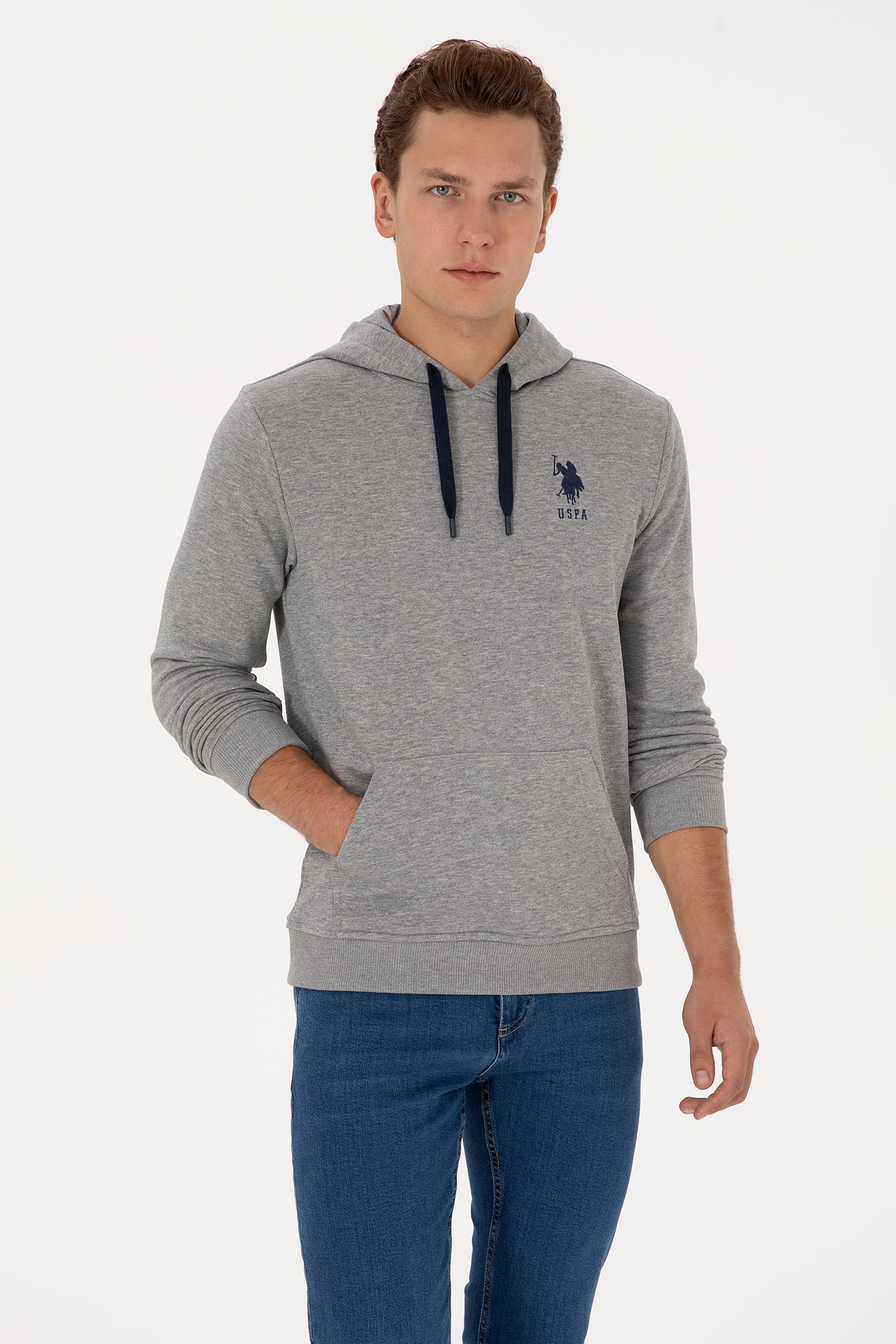 Erkek Regular Fit Kapüşonlu Gri Melanj Basic Sweatshirt