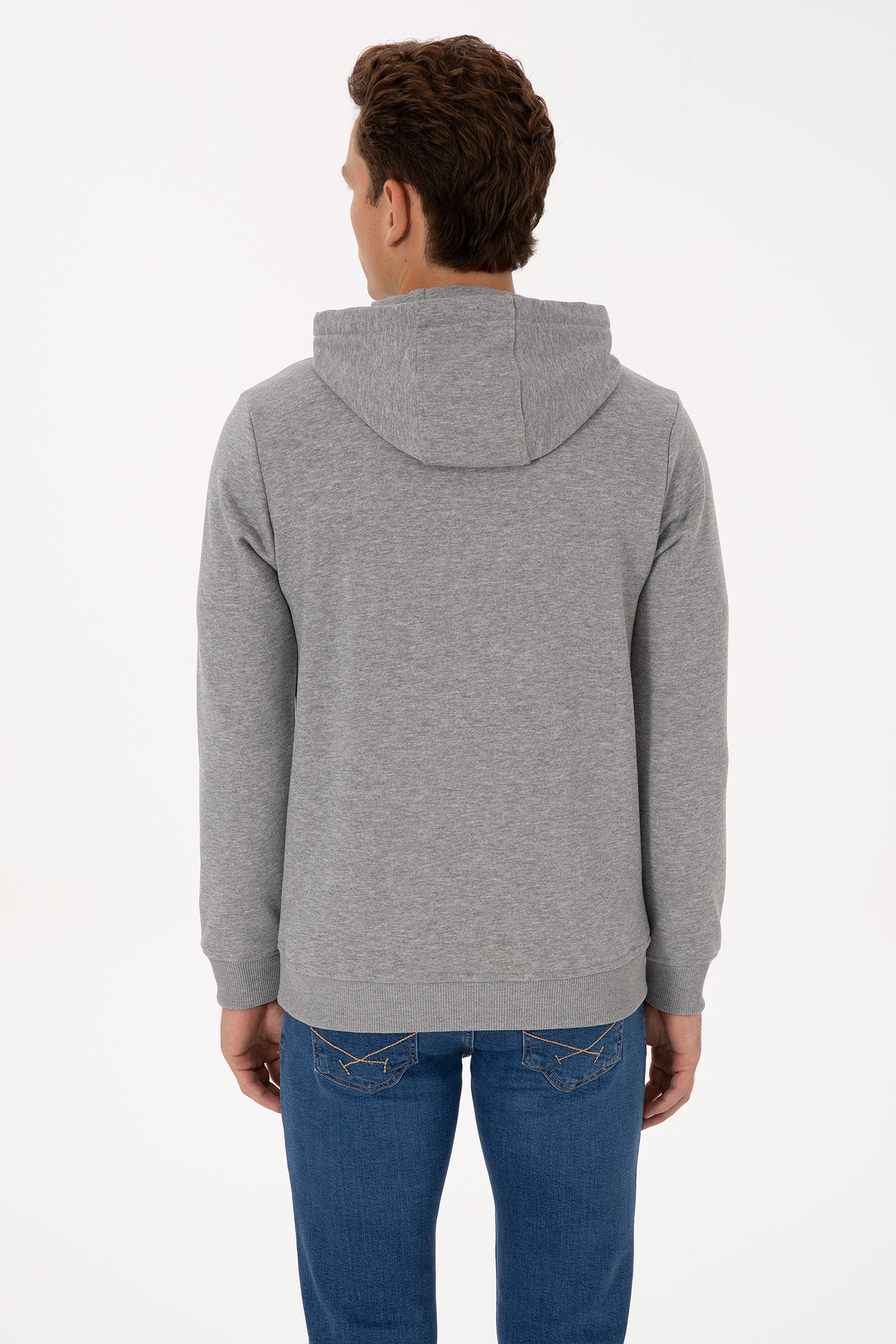 Erkek Regular Fit Kapüşonlu Gri Melanj Basic Sweatshirt - Image 5