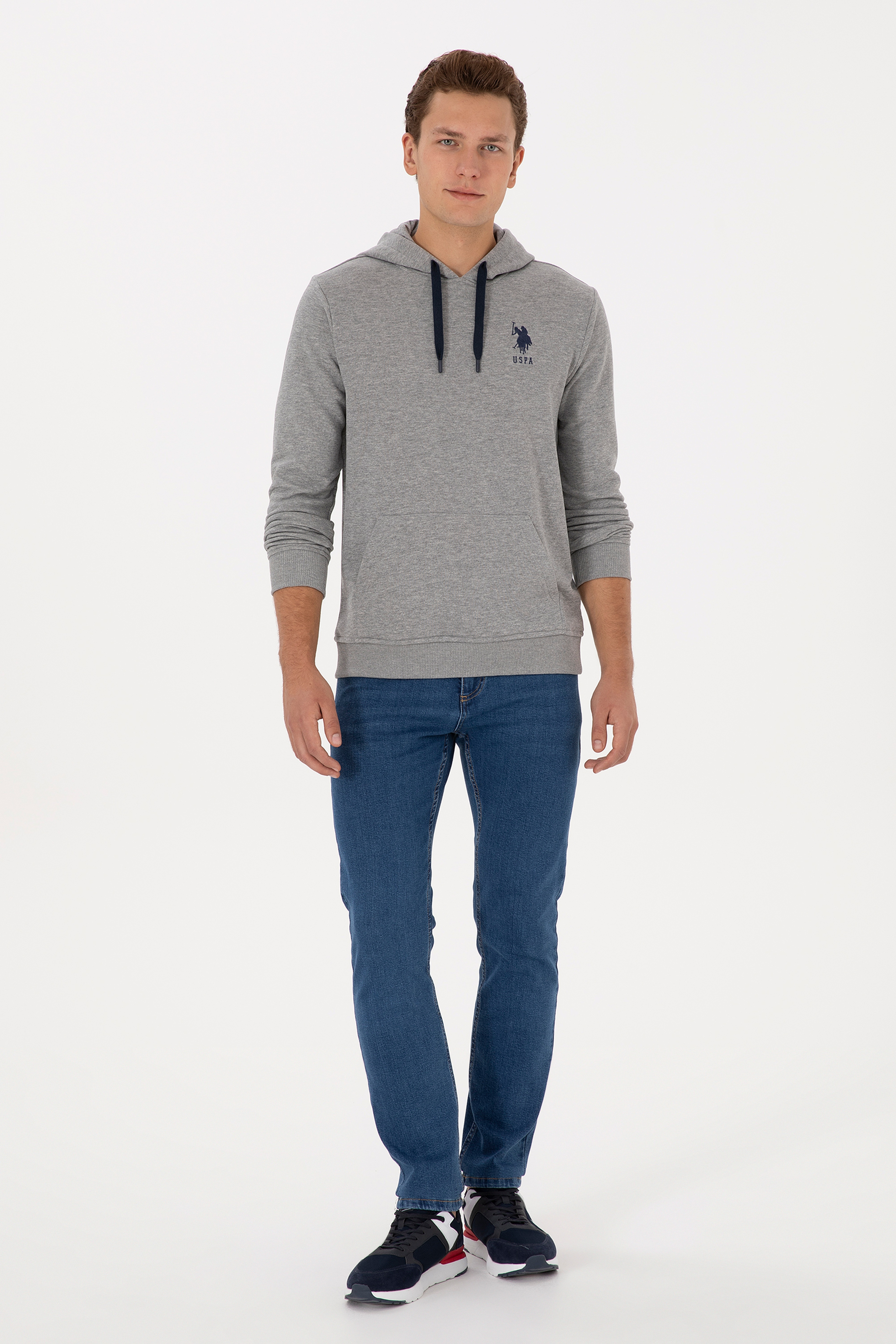 Erkek Regular Fit Kapüşonlu Gri Melanj Basic Sweatshirt - Image 4