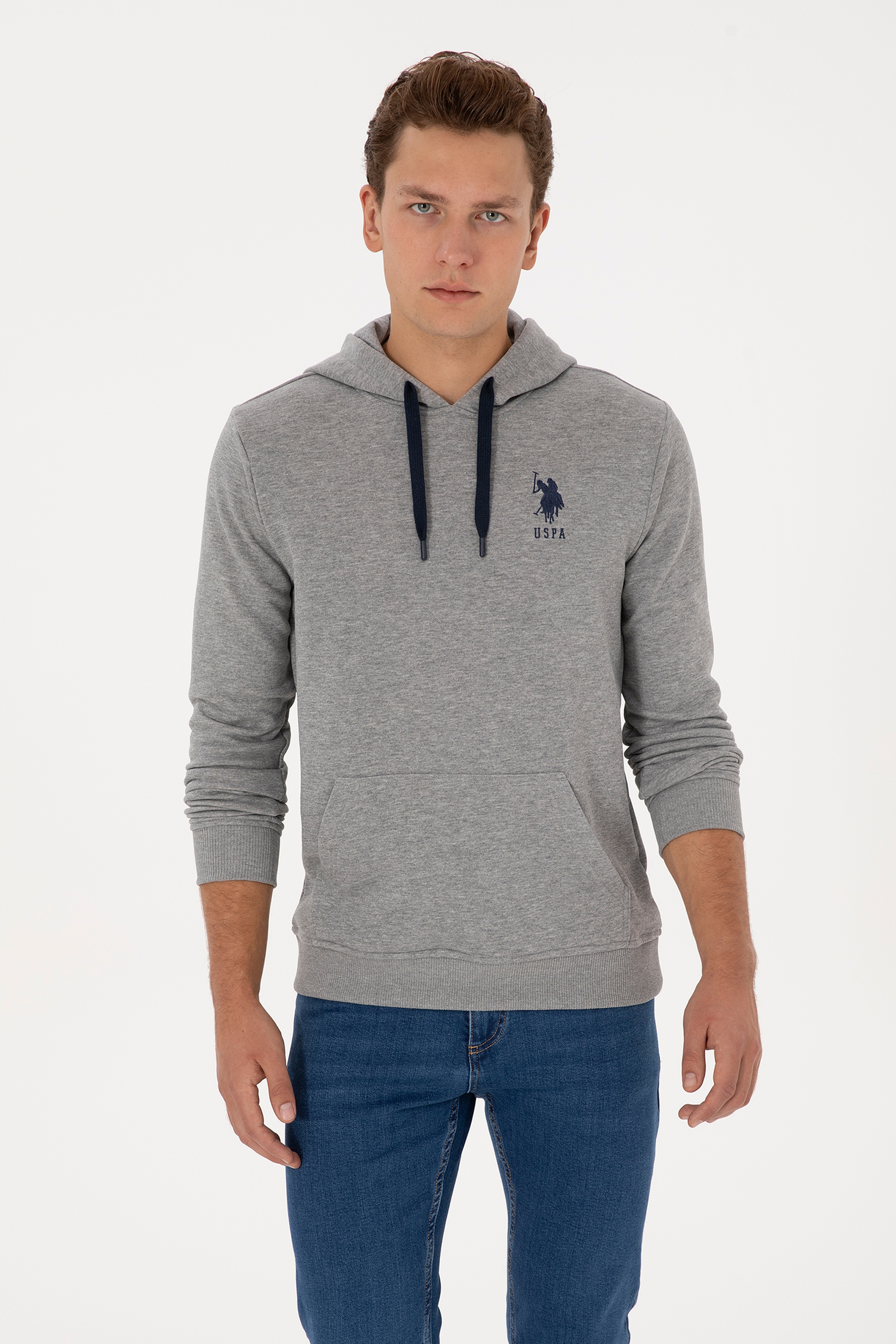Erkek Regular Fit Kapüşonlu Gri Melanj Basic Sweatshirt - Image 3
