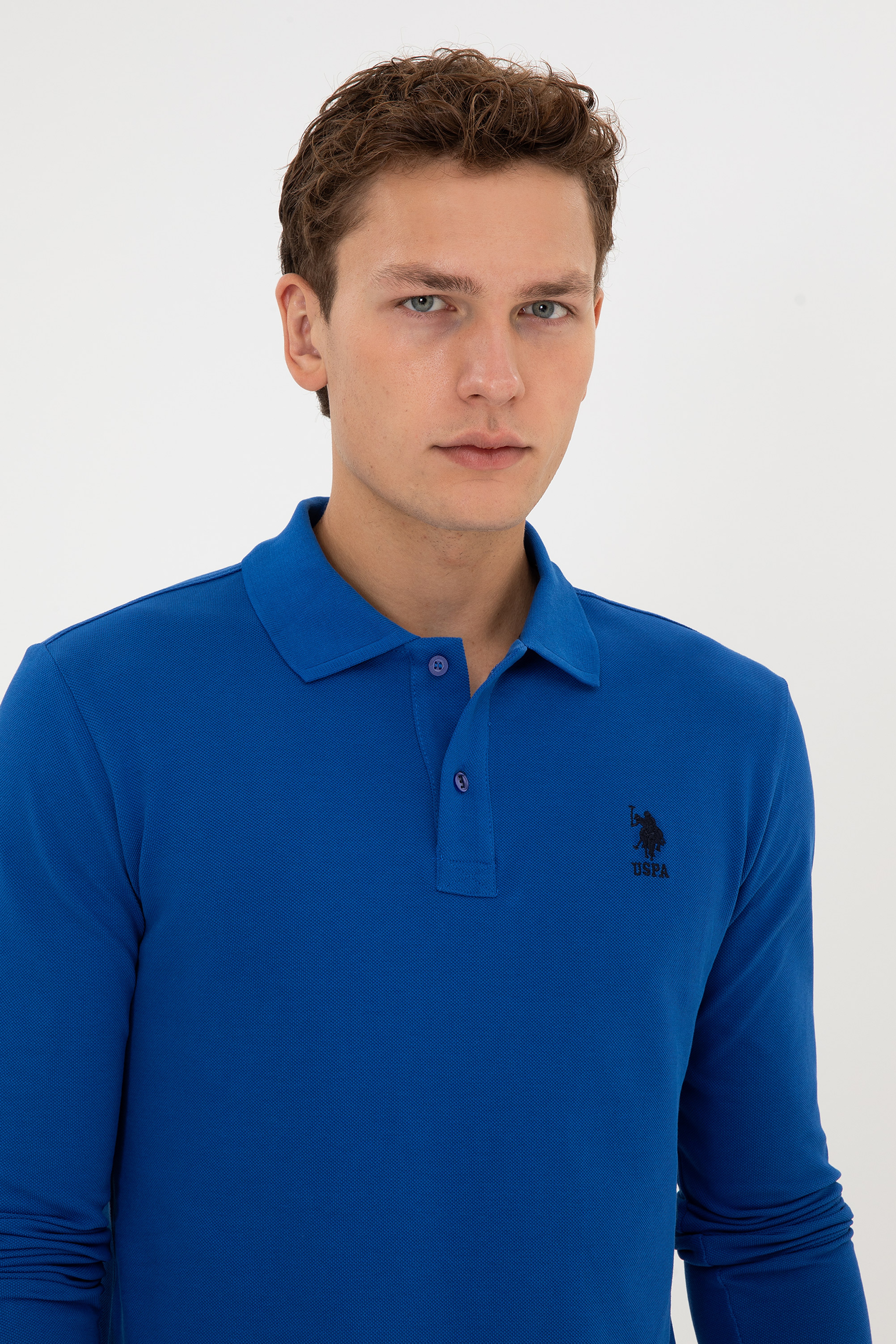 Erkek Slim Fit Polo Yaka Mavi Basic Sweatshirt - Image 2